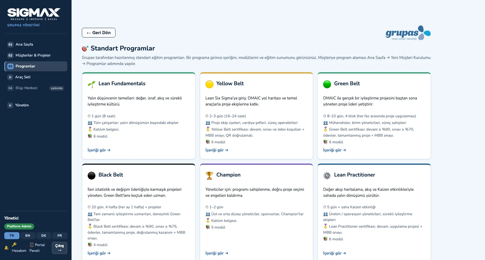 LEARN — Standart programı seçin